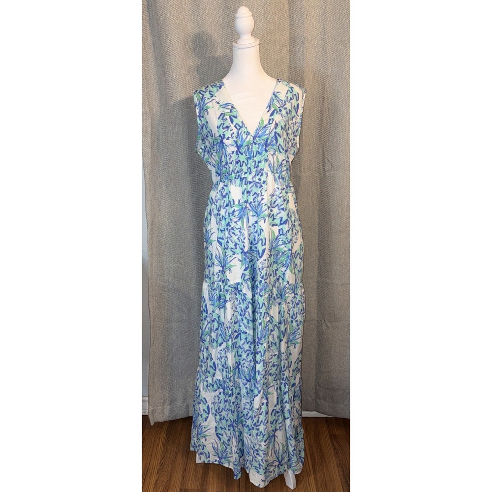 VILAGALLO Lena Dress‎ Women's Sz 42 M Maxi White Blue Tropical Pineapple Resort